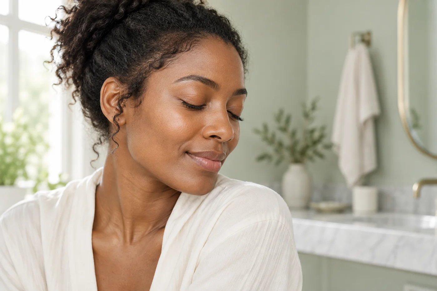 Editorial portrait of a woman with closed eyes and natural-looking lashes
