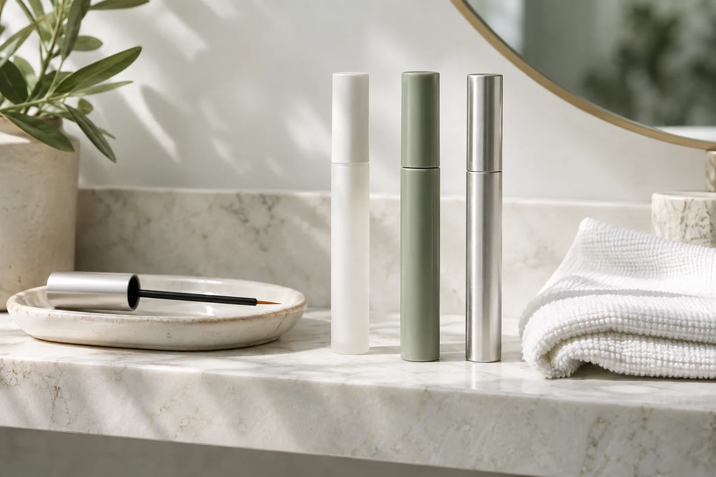 Unbranded cosmetic containers illustrating a multi-brand lash-care guide